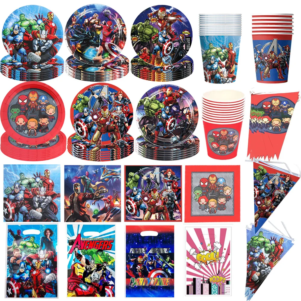 Disney Avengers Birthday Party Decor Boy Disposable Tableware Tablecloth gift Bag Plate Paper Cup Superhero Avenger Supplies Kit