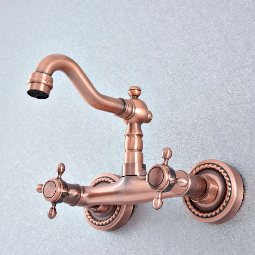 

Antique Red Copper Bathroom Faucet Cold Hot Water Mixer Tap Dual Handle Hole Sink Tap Wall Mounted tsf858
