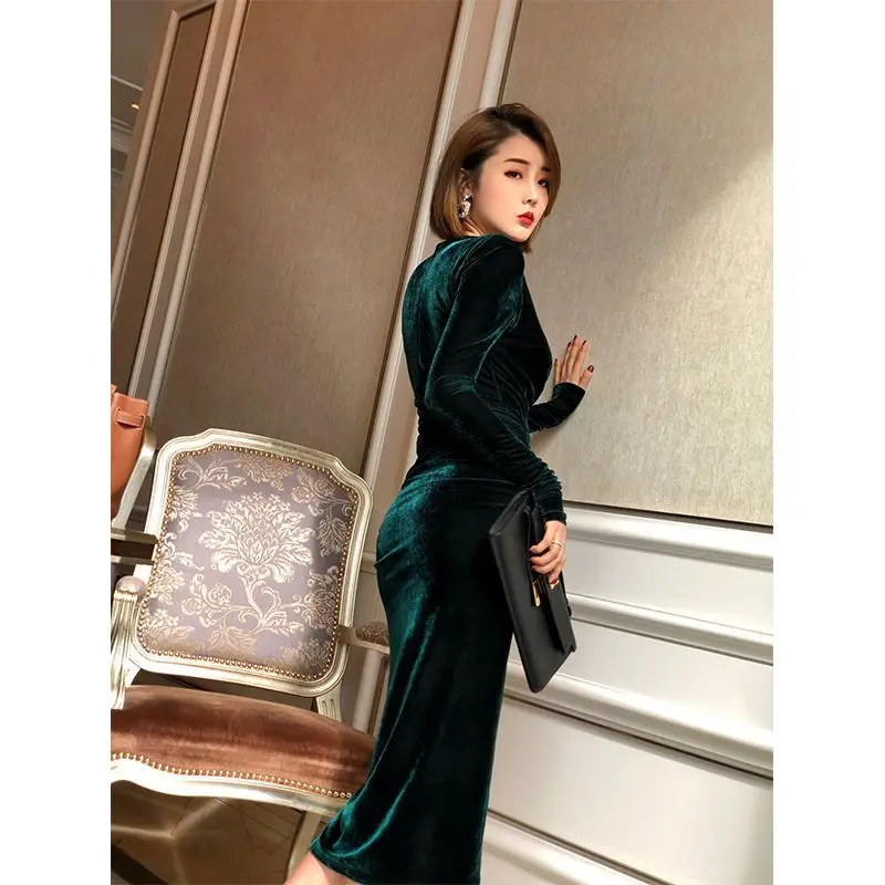 Herfst Winter Effen Kleur V-hals Jurk Slanke Lantaarn Mouw Gebreide Jurken voor Vrouwen Fashion Casual Vestidos Feestjurk TS357