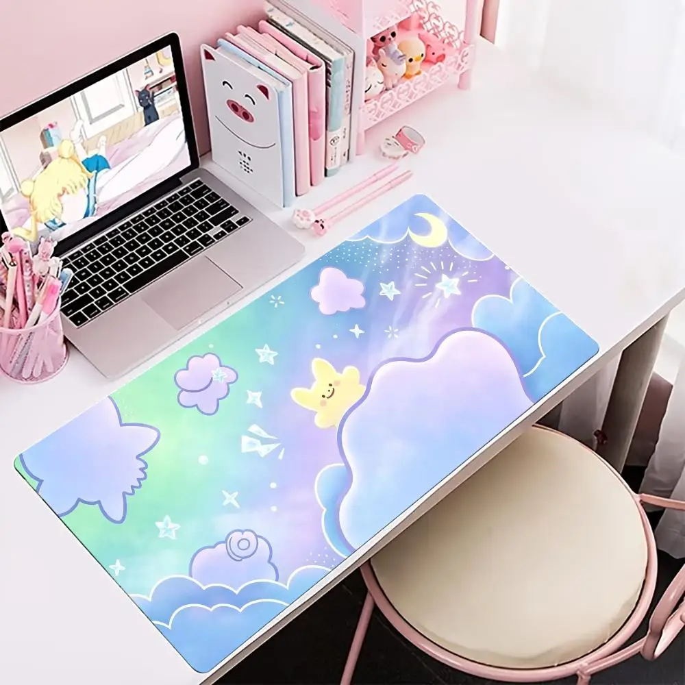 Kawaii Gradient Cloud Print Gaming Mouse Pad Large Desk Mat Anti-Slip Rubber Base Stitched Edge Keyboard Mat For Gamers Desktop