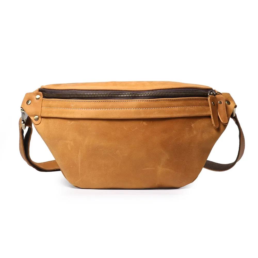 Bolso de pecho de cuero vintage para hombre, bolso cruzado de cuero Crazy Horse con múltiples funciones