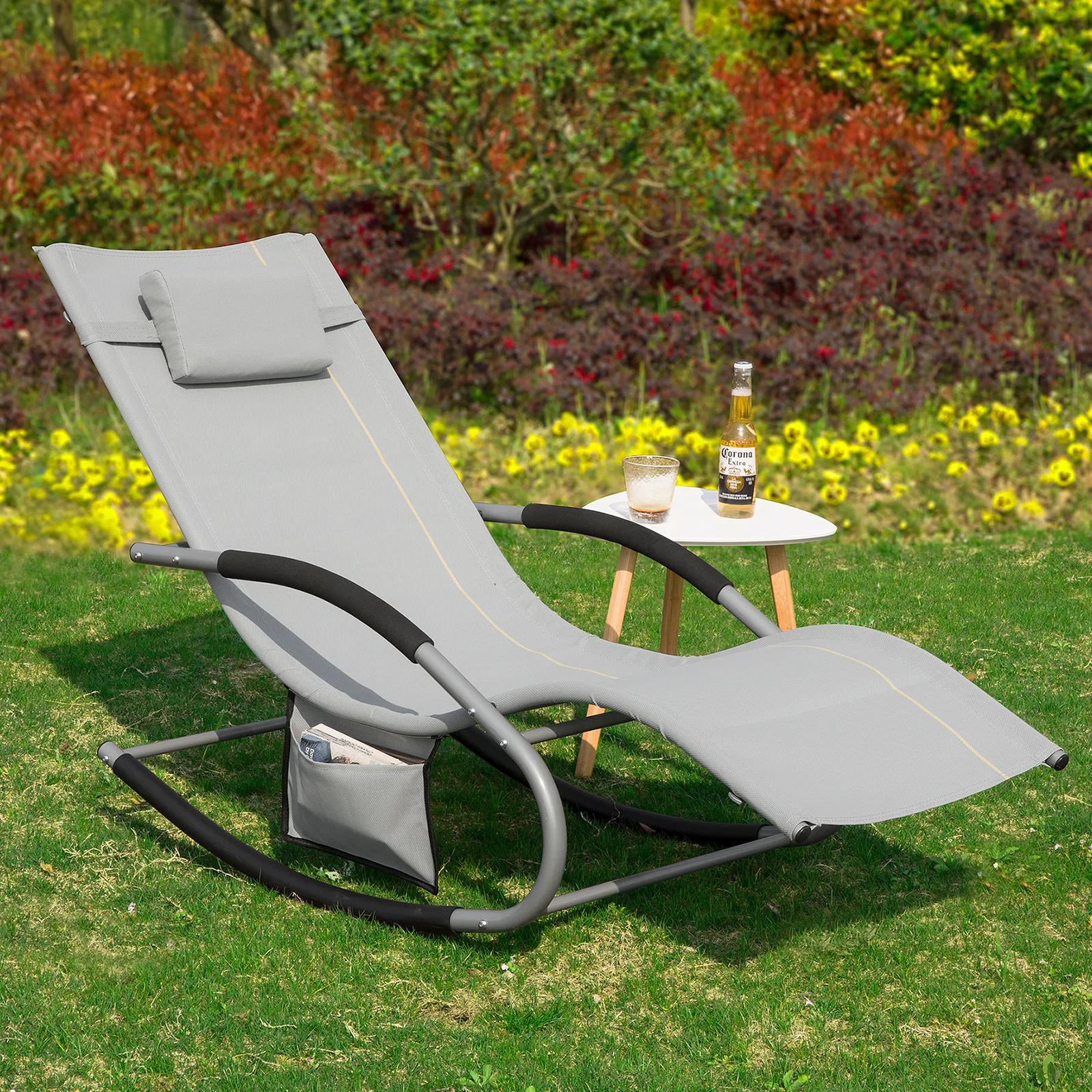 SoBuy OGS28 Sonnenliege Gartenliege wetterfest Liegestuhl Schaukelstuhl mit Kopfkissen Outdoor Terrasse Balkon Camping bis 150kg – Detail 39