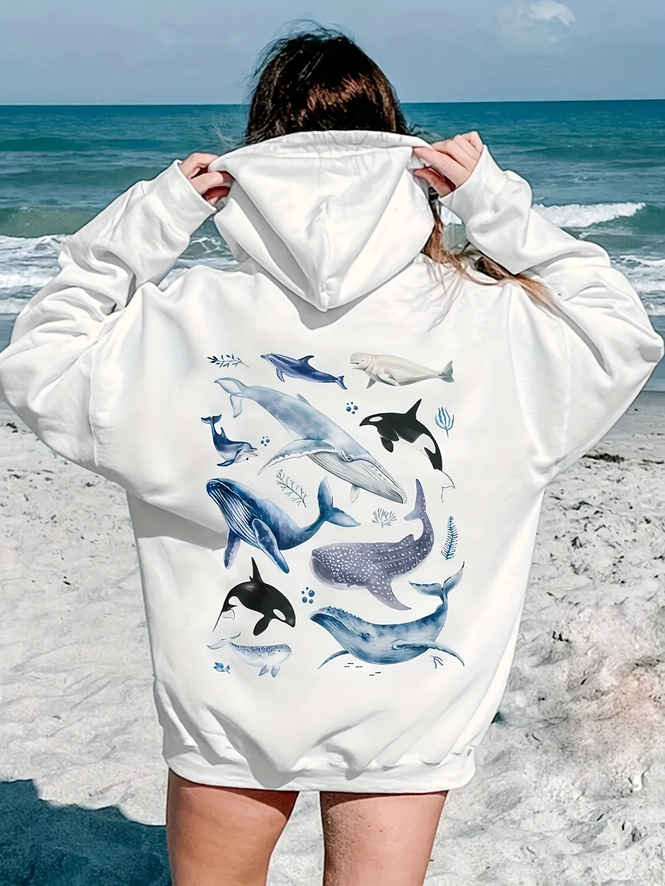 

Whimsical Whale Print Hoodie for Women for Fall and Winter Casual Warm Fleece Long Sleeve Sweatshirt with Drawstring Sweatshirt