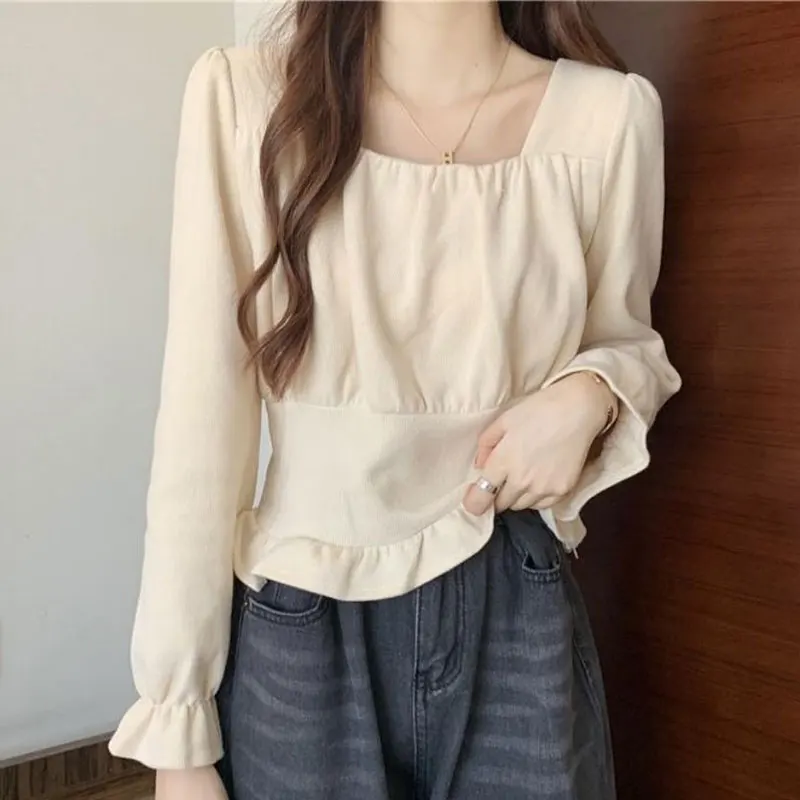 

Women's Autumn Casual Fashion Simplicity Solid Color Square Collar Long Sleeve Shirts Women Clothes Elegant All-match Slim Tops