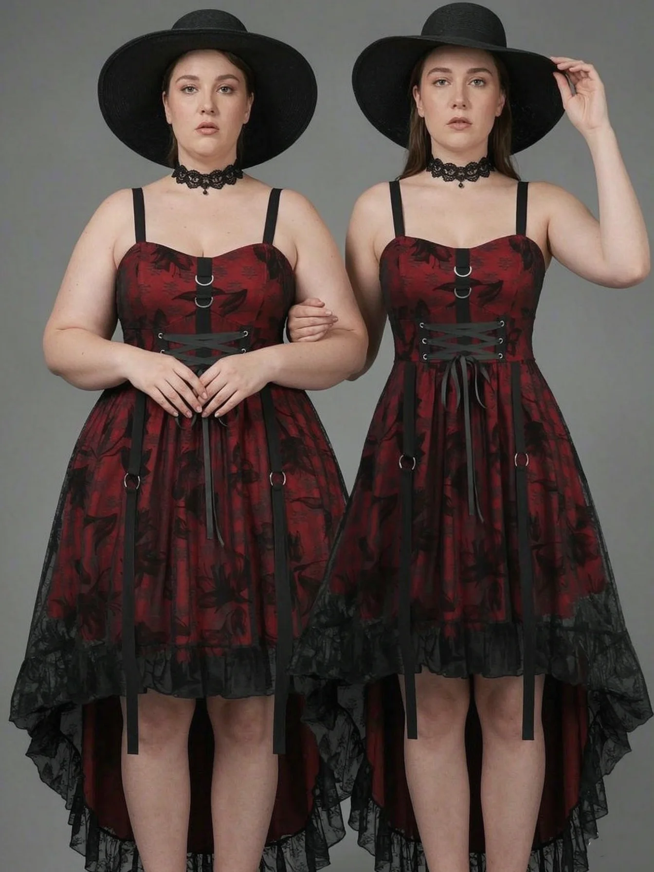ROSEGAL Plus Size Women Vintage Dress Lily Flower Flocking Lace-up Grommets Lace High Low Tank Dress Summer Streetwear Vestidos