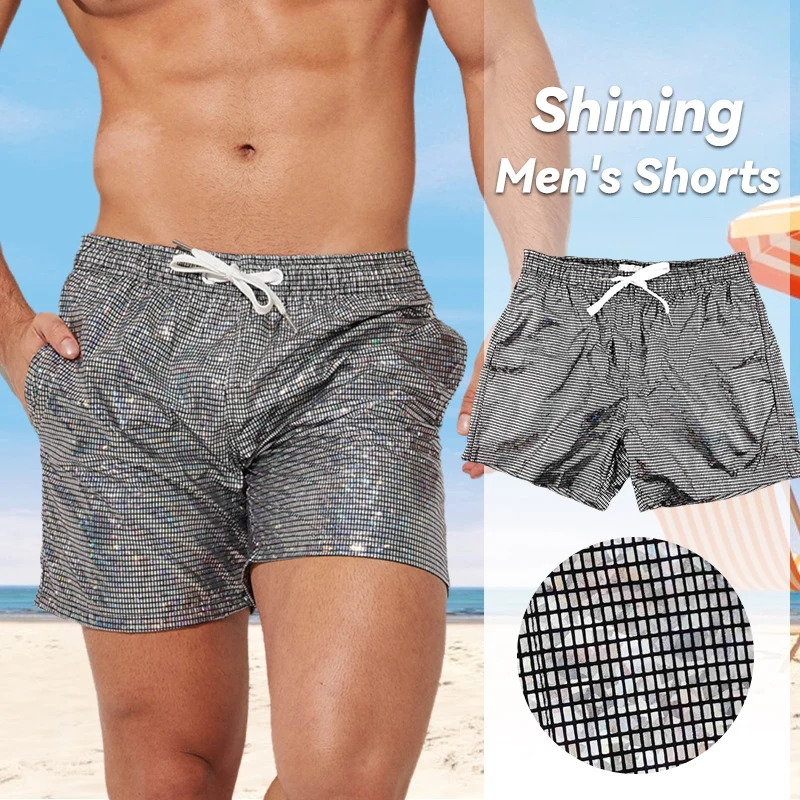 Summer Beach Swim Bottom Shorts Men Shiny Metallic Print Trunks Boxer Fitness Clothes Quick Dry Men Sequin Gym Pants