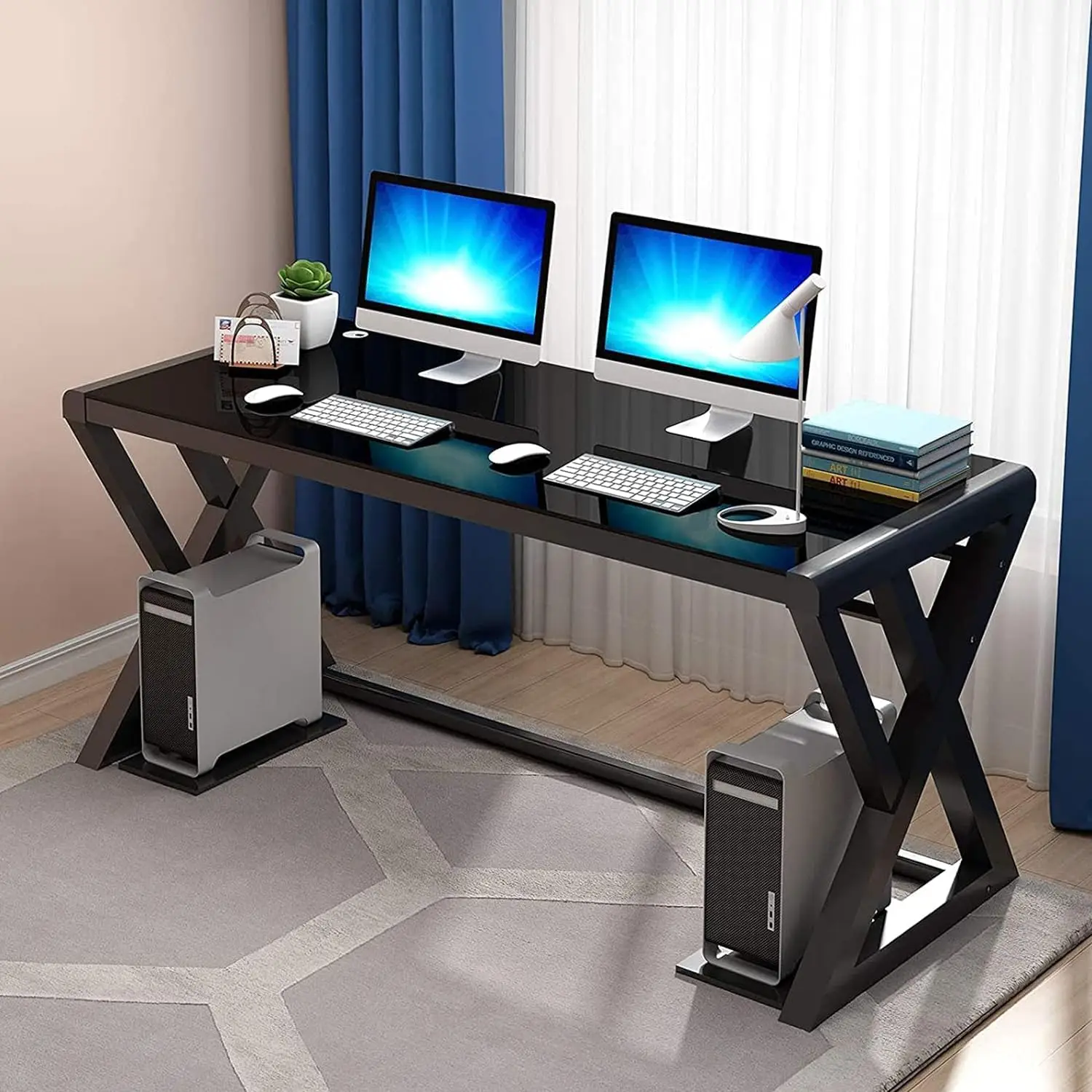 Modern Glass Computer Desk Black X-Shape 55.1inch Home Office Workstation Setup Steel Frame Stylish Workspace