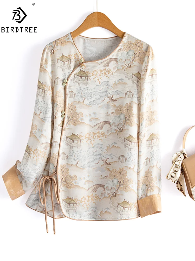 

BirdTree, 32.9% Natural Silk Elegant Shirt, Women Long Sleeve Jacquard, Commute Vintage Blouses, 2024 Summer Fall Coat T47438QM