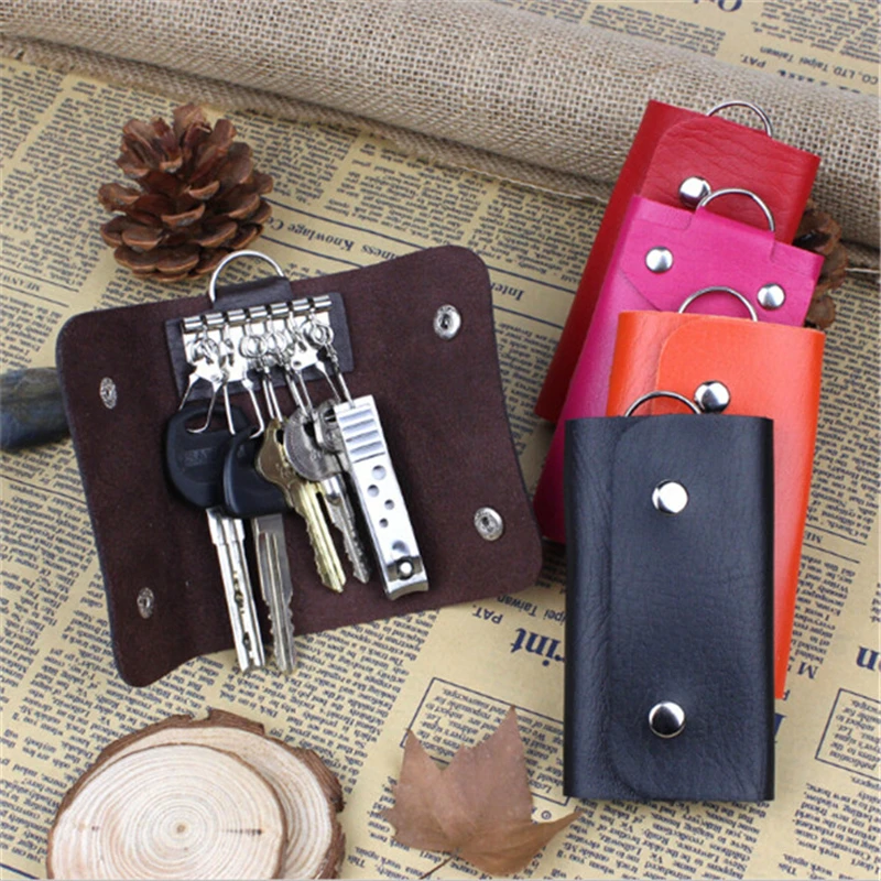 Portable Leather Housekeeper Holders Car Keychain Key Holder Bag Case Unisex Wallet Cover Simple Solid Color Storage Bag