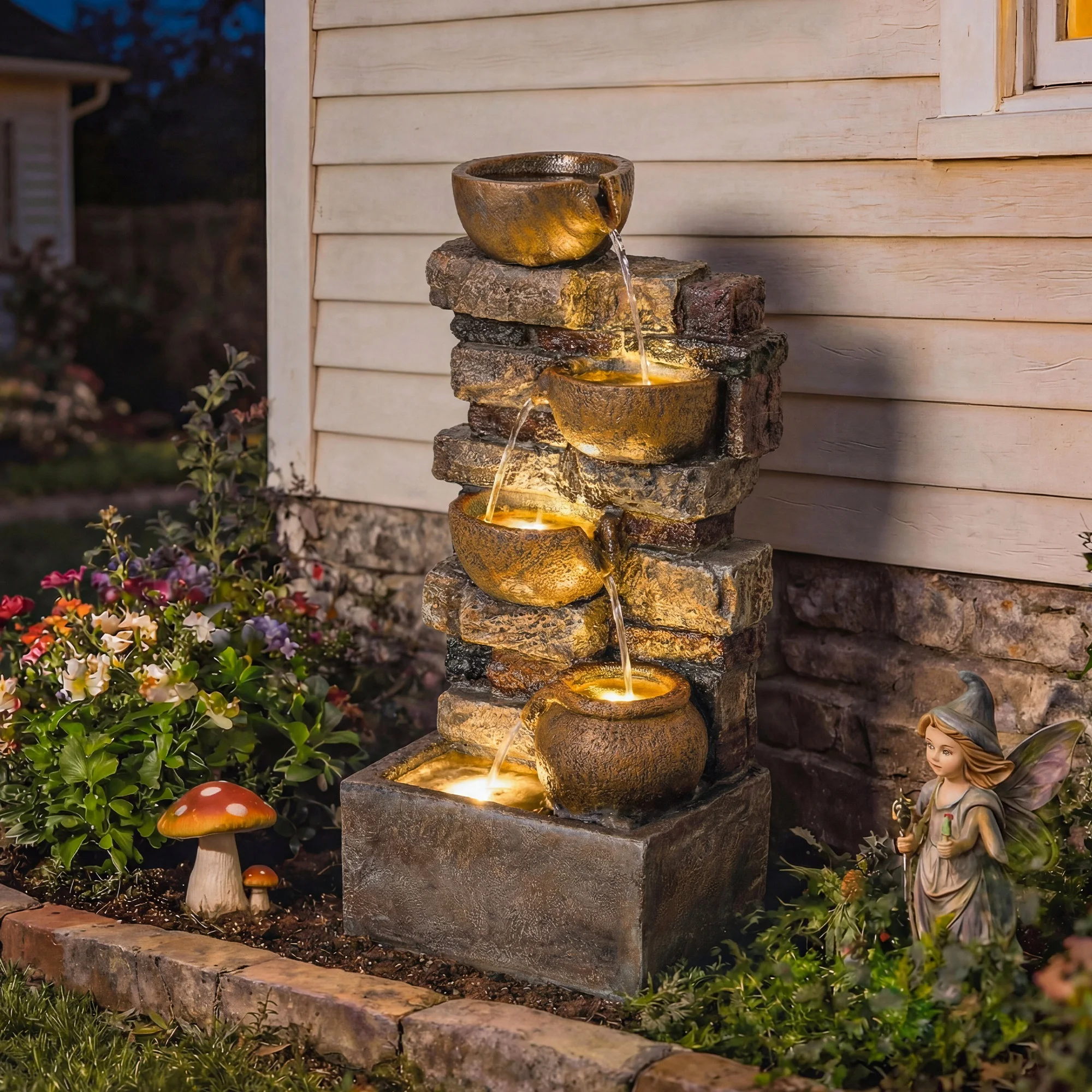 Fontaine d'eau décorative Outsunny avec éclairage LED et pompe, fontaine de jardin extérieure à 5 niveaux en cascade, débit réglable, résistante aux intempéries, pour jardin, terrasse, marron rustique