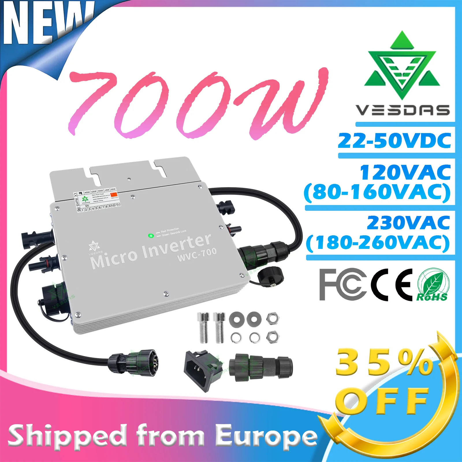 700W 80-260VAC Solar Grid Connected Micro Inverter With MPPT Function, IP 65 Electricity Transmission Rate Of up to 99%.