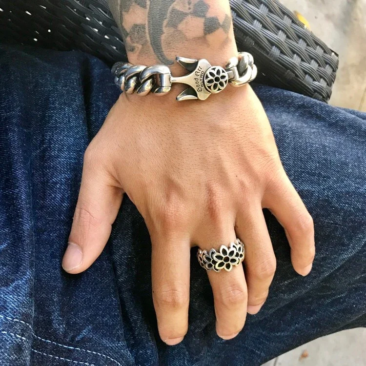 HX New Fashion Art Cherry Blossom Men's Bracelet Retro Domineering Hipster Cuban Simple Chain Punk Matching Bracelets Women Man