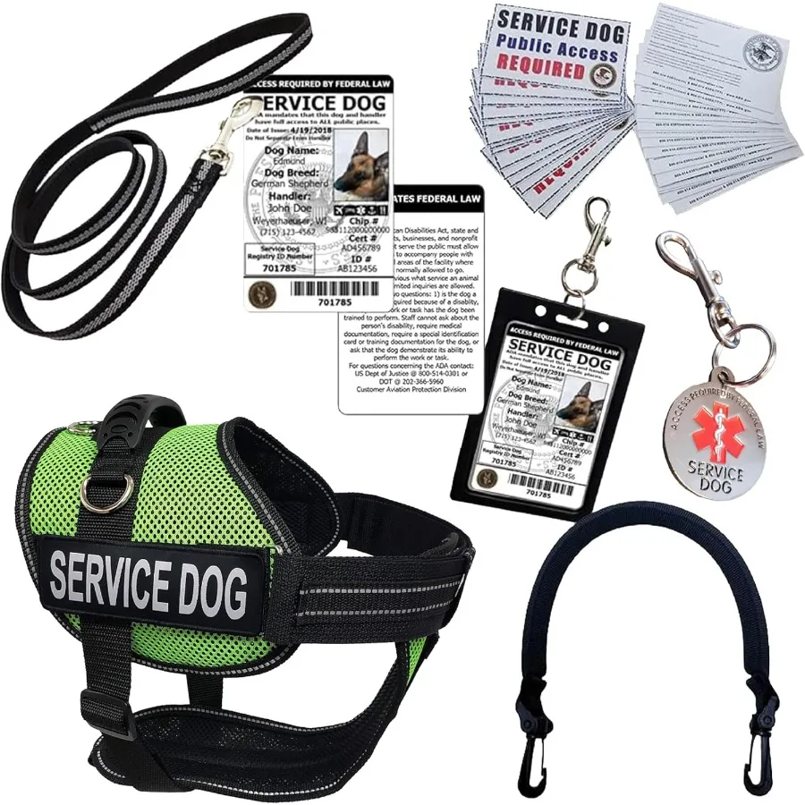 ActiveDogs Full Service Dog Kit - Small Lime - Service Vest Harness with Handle ID Holder ADA Cards Medical Alert Keychain Leas