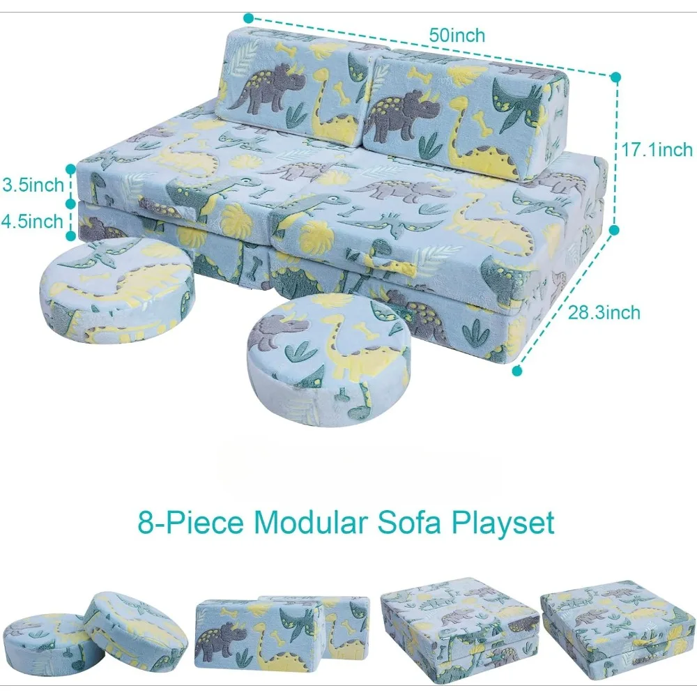 8-Piece Kids Glow Modular Couch, Fold Out Baby Couchs Play Set, Children Convertible Sofa Foam Couch