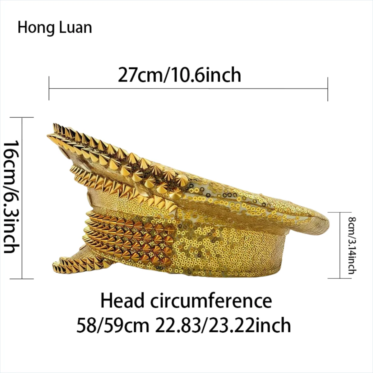 HongLuan Gelber Laser-Leder-Loop-Kapitänshut mit Strasssteinen und Militärkappen für Damen, Rave-Festivals-Accessoires und Partymütze für Herren