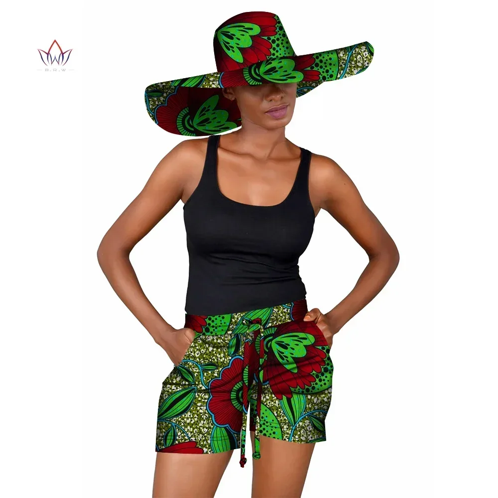 African Women Print Shorts Pant with Big Summer Hat Cap Threading Ropes Short Pants Trousers with Pocket Customized WY5242