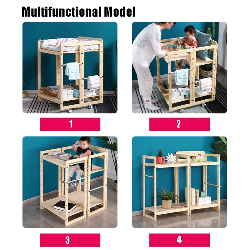 Multifunction Baby Diaper Changing Table 4 in 1 Pine Wood Desk Chair Shelf for Infant and Child With Pad as The Picture Show