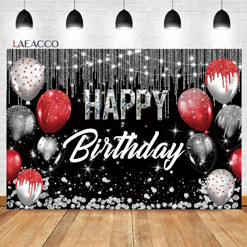 

Laeacco Silver and Black Happy Backdrop Glitters Balloon Diamond Adults Kids Women Portrait Customized Photography Background