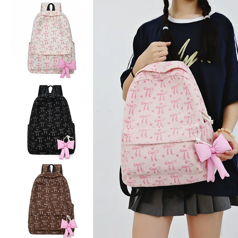 Corduroy Winter Backpack Teenage Girls Students Cute School Bags Bow Printed Charms Kawaii Daypack Casual Travel Rucksack