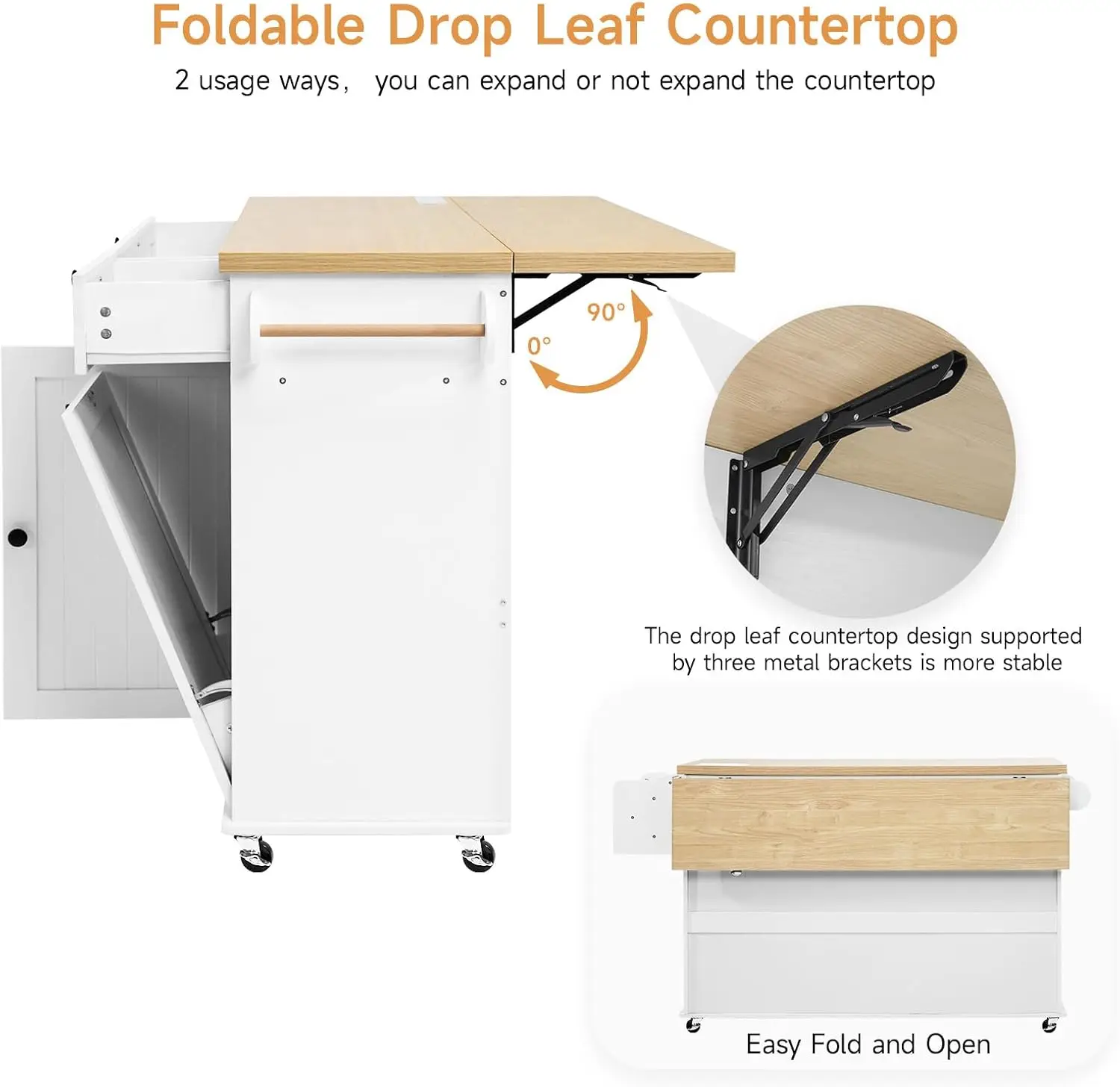 جزيرة مطبخ مقاس 60 بوصة مع مخرج طاقة وأوراق قطرة، جزيرة دوارة للمطبخ مع رف توابل ورف منشفة، حامل سكاكين