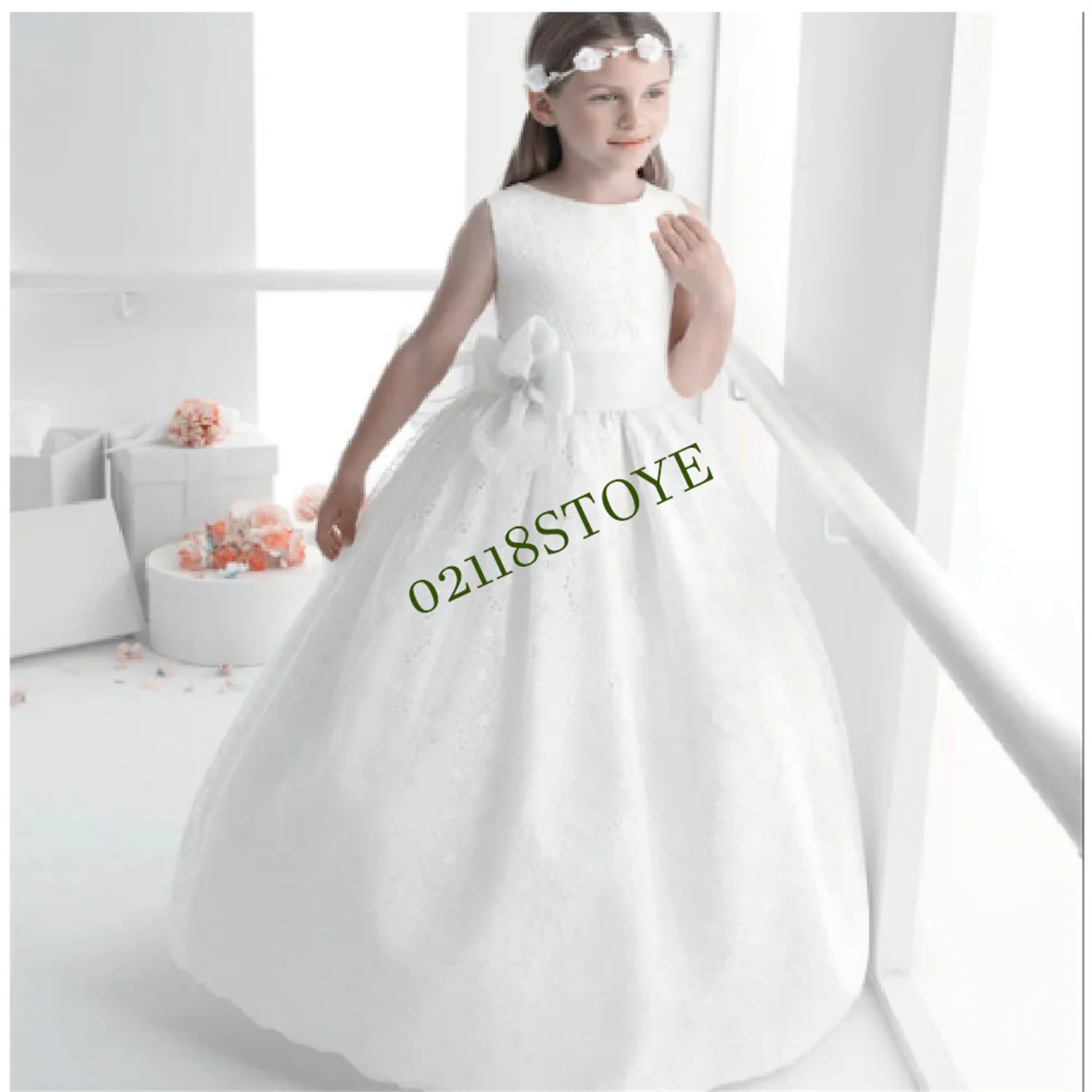 

Ivory Long Ball Gown Lace Bow Flower Girl Dresses Princess Princesse Enfant Baptism of First Communion Birthday Commencemt