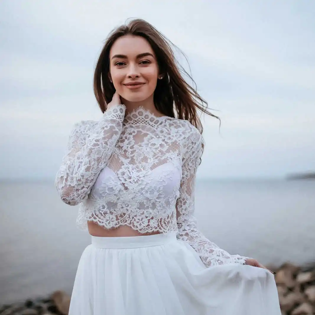 Romantic Lace Bridal Jacket Formal Wedding Bridal Accessory Long-Sleeve High-Neck Cropped Cover Up Button Back Customized