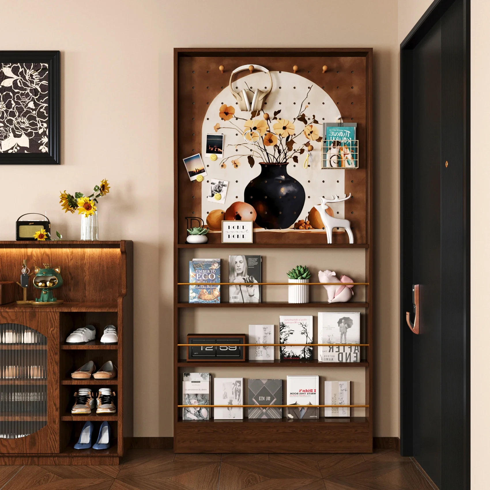 hole board shelves, living room, bedroom entrance entrance, solid wood, multi-layer display and storage bookshelves