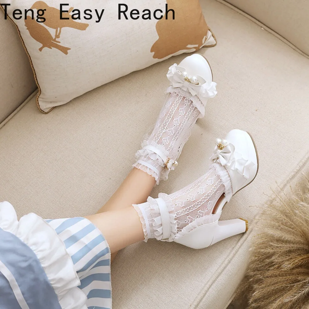 Women High Heels Mary Jane Shoes Party Wedding White Pink Lace Ruffles Sweet Princess Lolita Pumps Dress Sandals Big Size 34-46