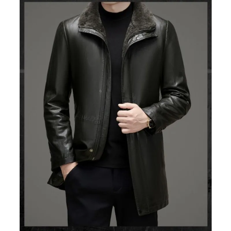 

High-end Winter New Leather Jacket Men copy Sheepskin Jacket Mid-length Fleece Thickened copy Fur One-piece Coat Fashion Warm