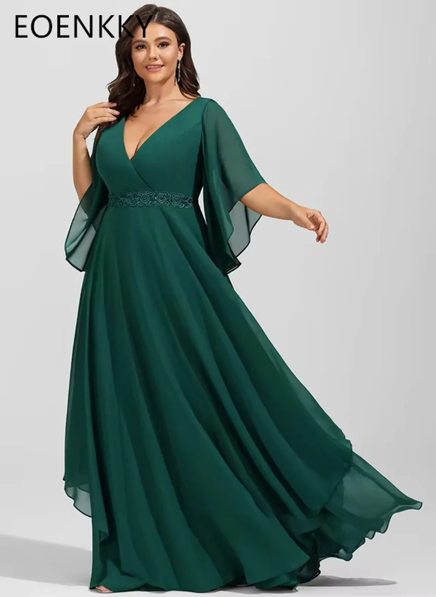 

Women's Chiffon Evening Gowns V-neck Fluffy Sleeves Bridal Mother Dress Plus Size Wedding Guest Party Dresses Customized