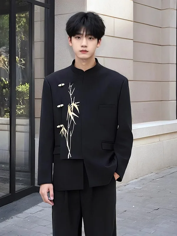 

New Chinese Sle Men's Formal Wear Gold Bamboo Embroidery Stand Collar Suit Set Wedding Cus Made Casual Western Suit
