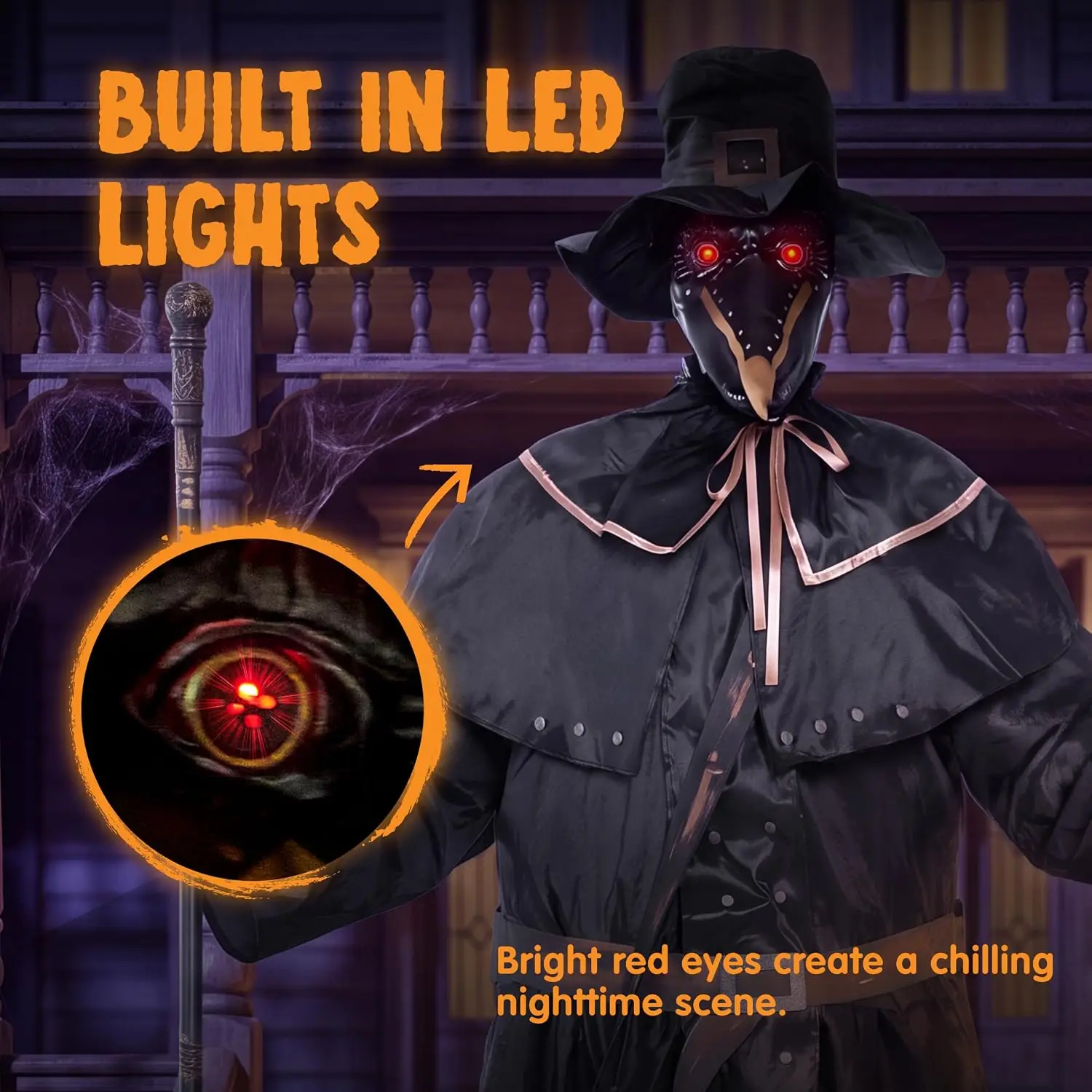 Outdoor Halloween Plague Doctor Animatronic Decoration, Sound-Activated Life-Size Standing Ghost with Rotating Head and LED Lantern Eyes, Scary Haunted House Props for Yard Garden Lawn