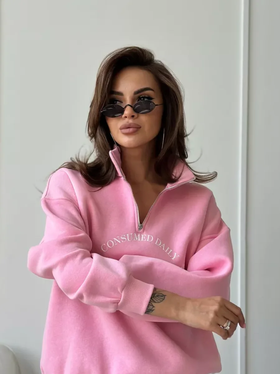 ครึ่งเปิดซิปLapelเสื้อหลวมกีฬาผู้หญิงPullover Retro PASTA WINE Letterพิมพ์แฟชั่นStreetwear