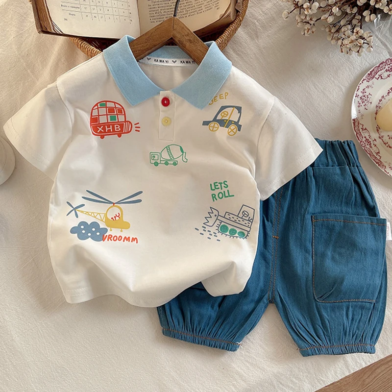 

Summer Toddler Boy Clothing Korean Kids Clothes Fashion Cartoon Print Cotton Short Sleeve Baby Tops+Jeans Children's Sets BC2119