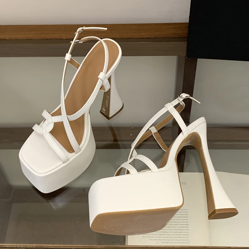 Liyke Black White Narrow Band Back Buckle Strap Women Platform Sandals Sexy Chunky Square Toe Super High Heels Party Dress Shoes - view 5