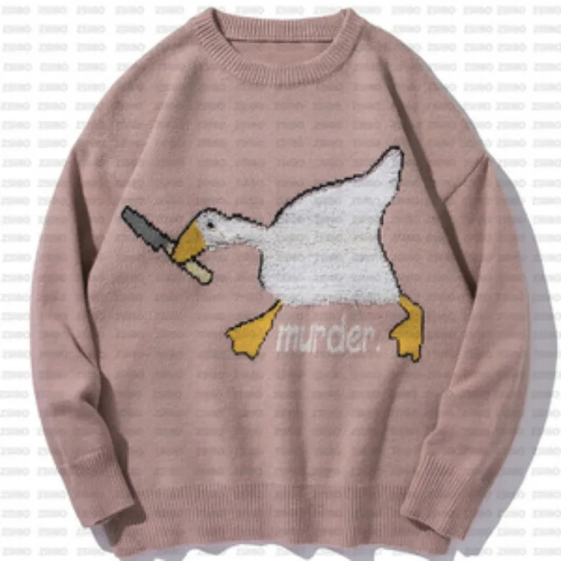 Men\'s Retro Knitted Sweater, Korean Cartoon Spoon Duck, Goose Murder Pattern Pullover, Women\'s Hip Hop Cotton Casual Swe, Autumn