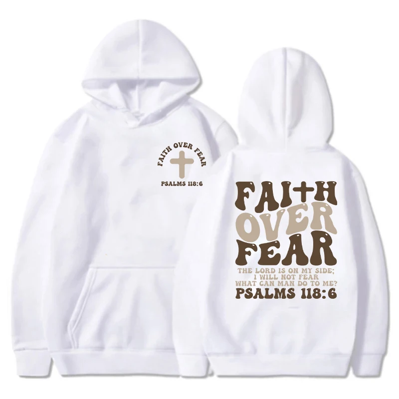 Christian Hoodie Faith Over Fear Hoodie Religious Hooded Sweatshirt  Bible Verse Back Print Hooded Hoodie Christian Woman Tops