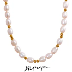 Yhpup Stainless Steel Natural Pearls Handmade Fashion Waterproof Necklace for Women Bohemia Luxury Beads Stylich Golden Jewelry