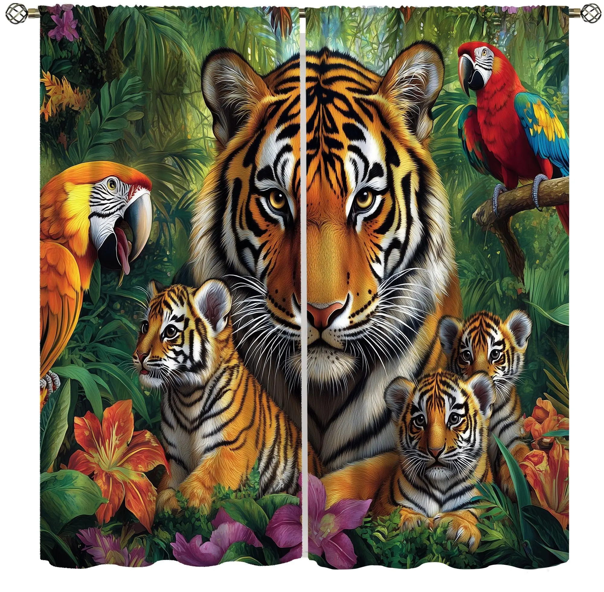 Tiger Window Curtain Romantic Flowers Floral Window Treatments Jungle Wildlife Tiger Curtains & Drapes for Boys Girls Room Decor