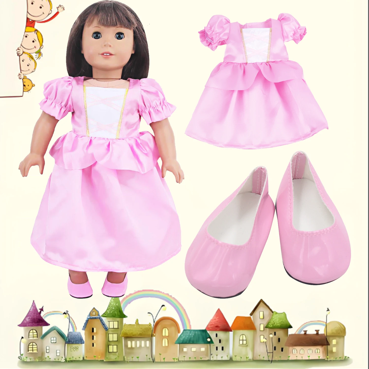 

18-inch American Doll Dress Set Cute Pink Princess Dress + Shoes Clothes Suit Outfit For 43cm Baby Newborn & OG Girl Dolls Toy