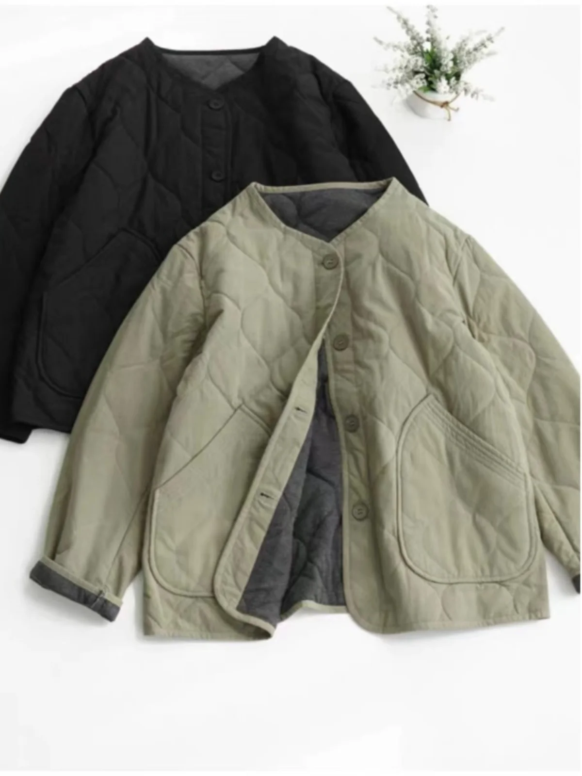 Lightweight Quilted Cotton Jacket Women Loose Casual Retro Single Button Cotton Insulation Short Style Cotton Coat Outerwear