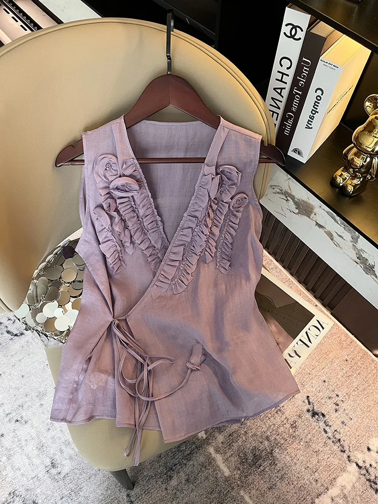 エレレーストリムVネック女性用サマースイートボウタイトップファッショナブルで通気性のあるカジュアル韓国風ゆったりフィットブラウス