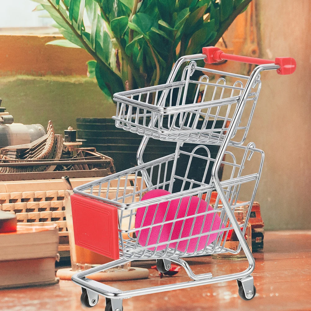 

2pcs Mini Shopping Two-layer Double-tier Trolley Wrought Desktop Decor Iron Small Storage Basket Desk Decor Toy Gift