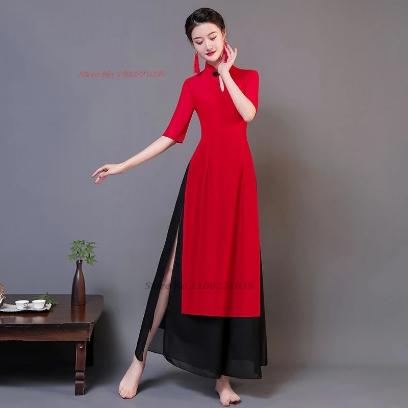 2024 traditionelle chinesische Tanz kostüm Vintage Mesh Qipao Tops Hosen Set Bühne Performance Praxis Set alten Volkstanz Anzug