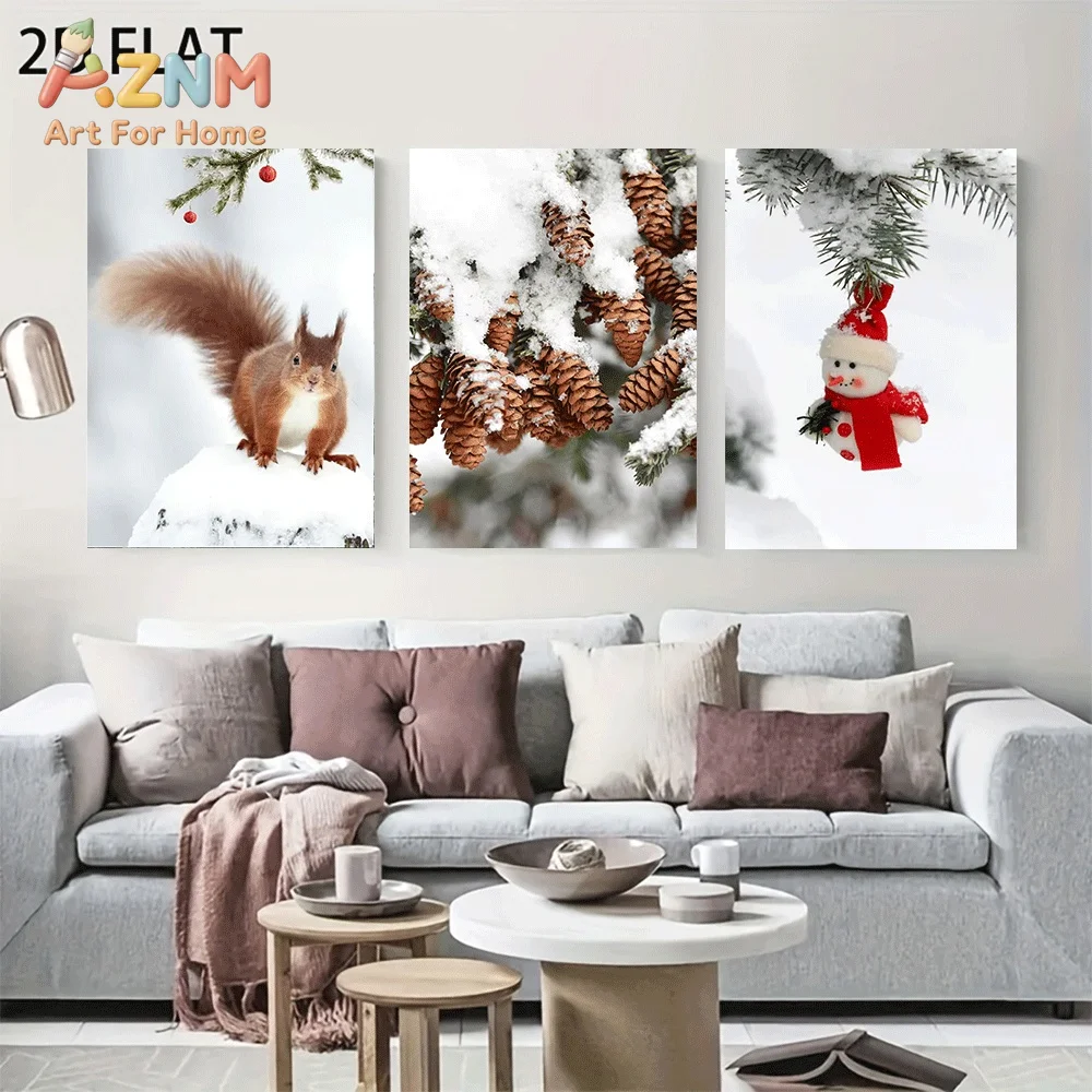AZNM Winter Christmas Squirrel Pinecone Snowman Canvas Wall Art, Snowy Pine Branch Festive Holiday Natural Scene Illustration Pr