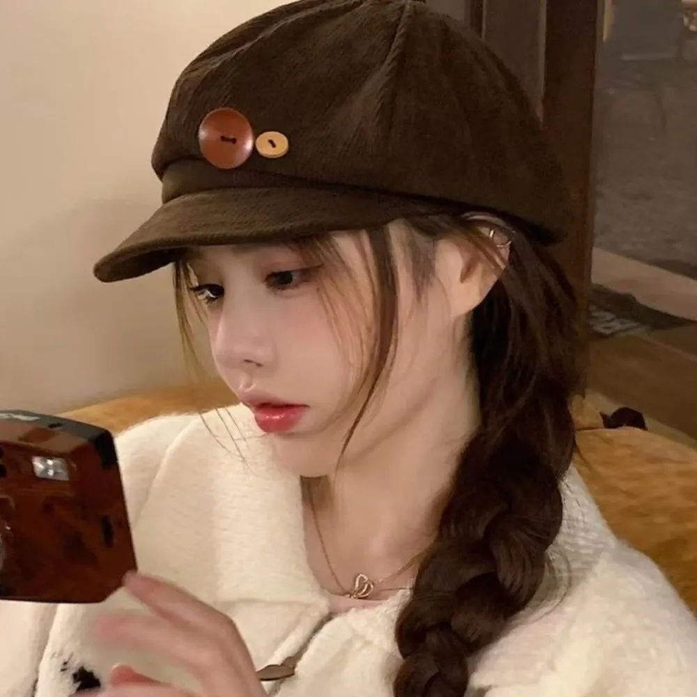 أزياء Y2k مزدوجة زر القبعات قبعة Harajuku الرسام الياباني قبعة يندبروف الدفء قبعة مثمنة الفتيات