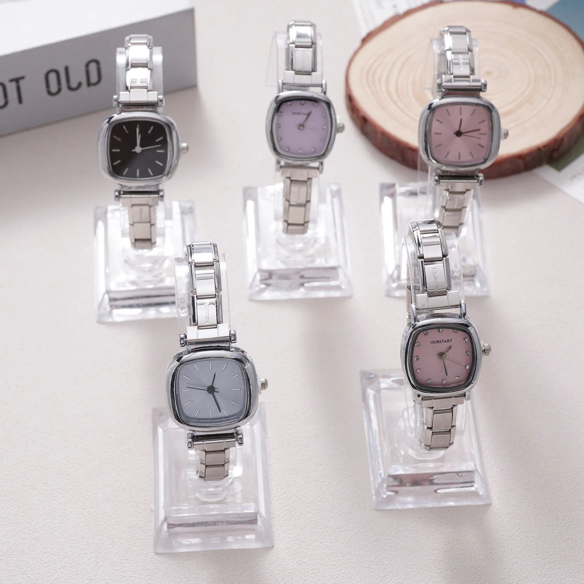 Square Case Women Quartz Watch Solid Color Dial Rhinestone Decor Silver Stainless Steel Band Ladies Wrist Watch Daily Wear Gift