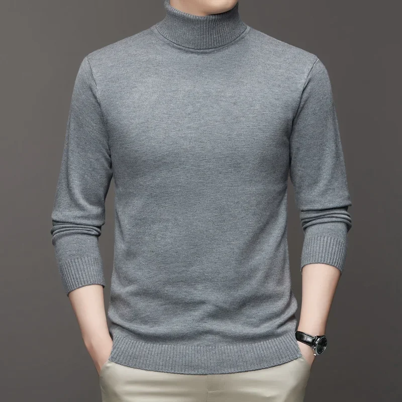 เสื้อสเวตเตอร์คอเต่าแขนยาวทรงเข้ารูปสำหรับผู้ชาย ผ้าถักคุณภาพสูง ไม่เป็นขุย สีพื้น เสื้อพูลโอเวอร์แฟชั่น เสื้อผ้าผู้ชายทันสมัย