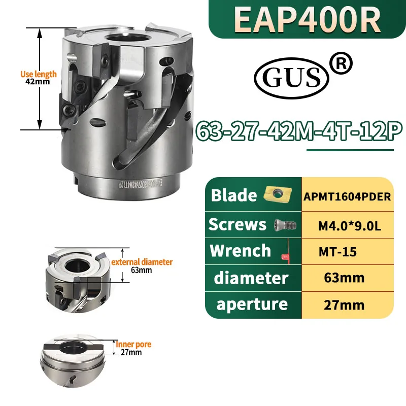 Imagem -05 - Eap 400r Bap400r 50 mm 63 mm Cabeça de Fresa de Milho em Espiral com Haste Reta para Corte em Desbaste para Ferramentas de Torno com Inserto de Metal Duro Apmt1604