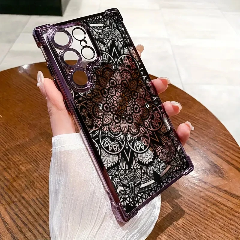 For Samsung Galaxy S25 S24 S23 S22 Ultra Plus S20 FE A56 A55 A53 A52S A54 A33 A34 A32 A73 5G Black Lace Pattern Clear Phone Case view 3